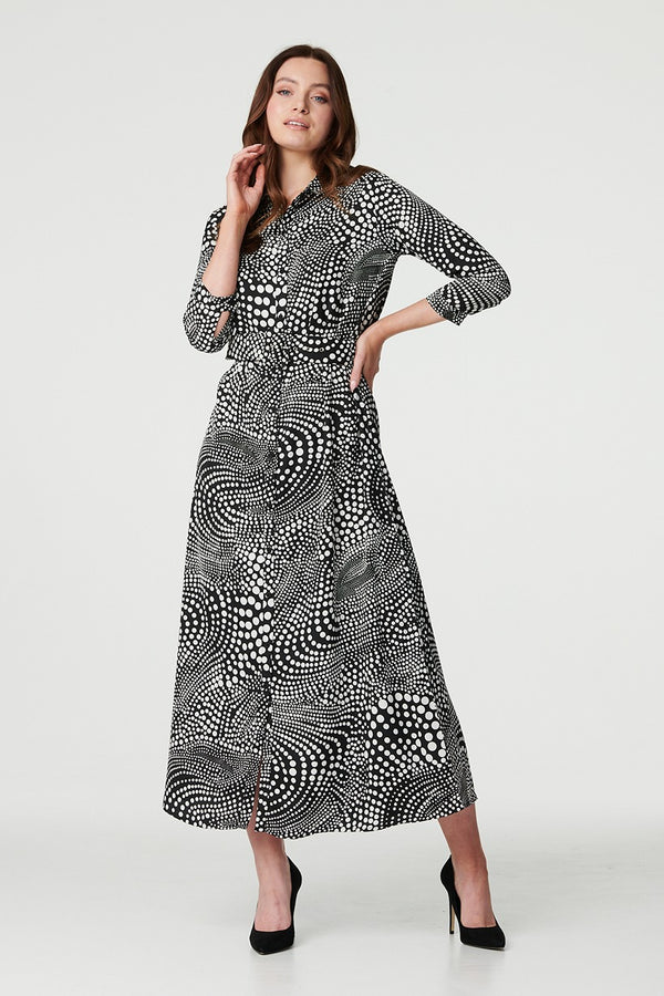 Black | Dotty Print 3/4 Sleeve Shirt Dress