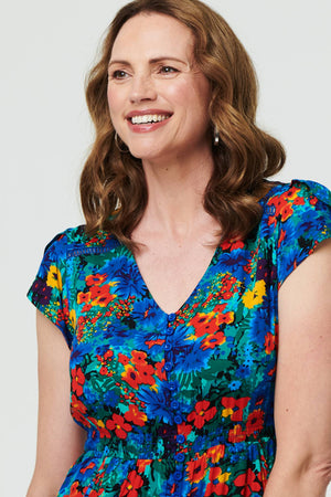 Blue | Floral Lace Trim Cap Sleeve Midi Dress
