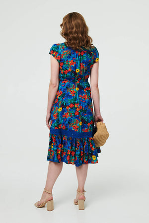 Blue | Floral Lace Trim Cap Sleeve Midi Dress
