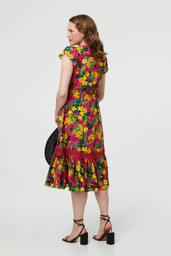 Green | Floral Lace Trim Cap Sleeve Midi Dress
