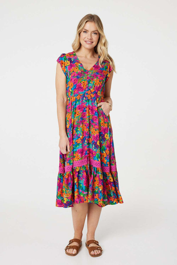 Pink | Floral Lace Trim Cap Sleeve Midi Dress