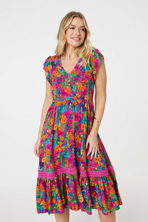 Pink | Floral Lace Trim Cap Sleeve Midi Dress