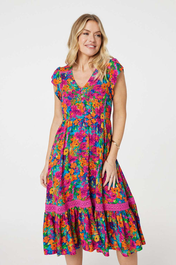 Pink | Floral Lace Trim Cap Sleeve Midi Dress