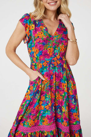 Pink | Floral Lace Trim Cap Sleeve Midi Dress