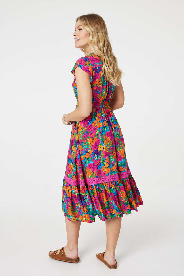 Pink | Floral Lace Trim Cap Sleeve Midi Dress