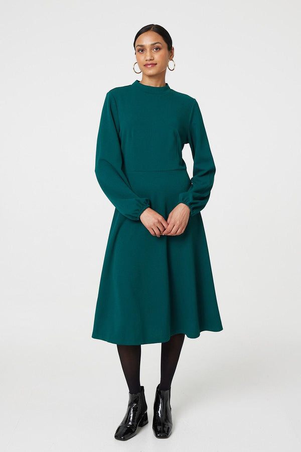 Green | High Neck Long Sleeve A-Line Midi Dress
