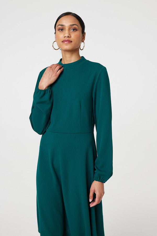 Green | High Neck Long Sleeve A-Line Midi Dress
