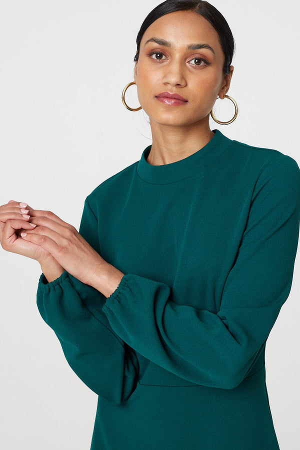 Green | High Neck Long Sleeve A-Line Midi Dress
