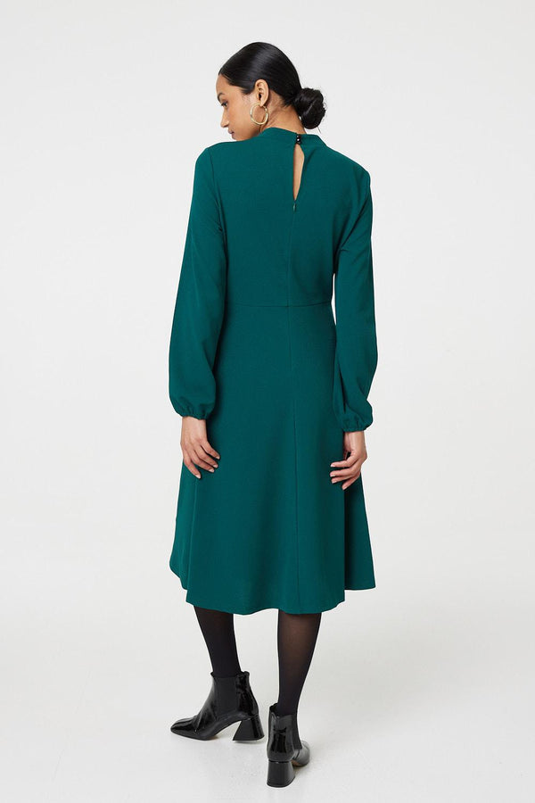 Green | High Neck Long Sleeve A-Line Midi Dress
