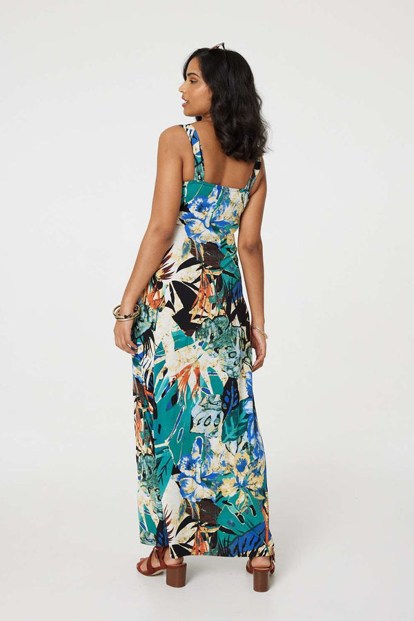 Green | Tropical Print V-Neck Empire Maxi Dress