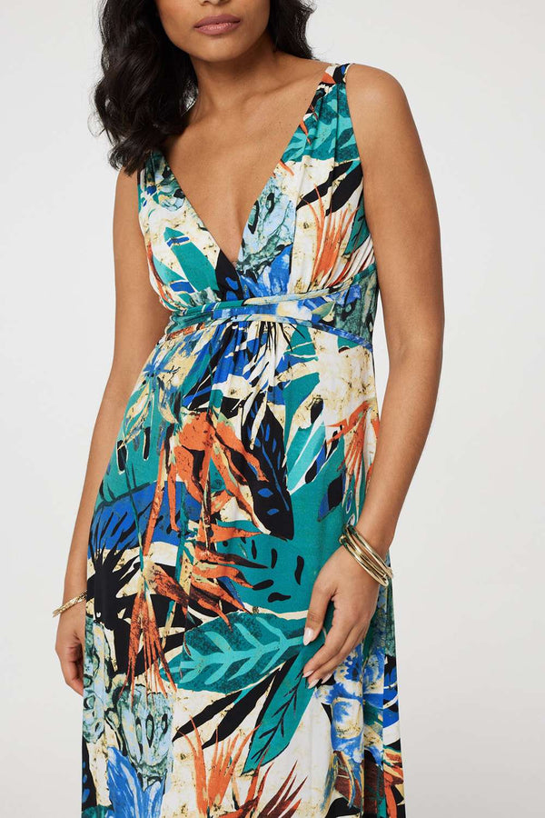Green | Tropical Print V-Neck Empire Maxi Dress