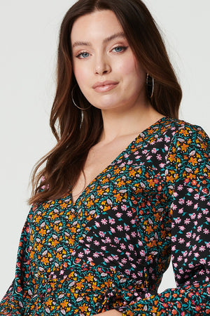 Black | Patchwork Print Ruffled Wrap Dress