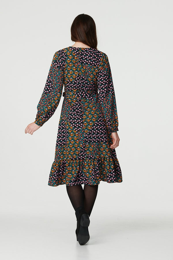 Black | Patchwork Print Ruffled Wrap Dress