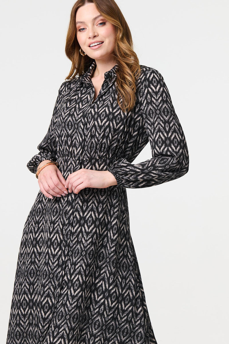Chevron Print Long Sleeve Midi Shirt Dress Izabel London