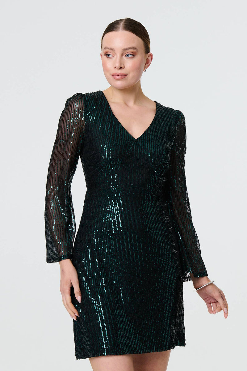 Sequin Semi Sheer Long Sleeve Mini Dress | Izabel London Sequin Semi Sheer Long Sleeve Mini Dress | Izabel London