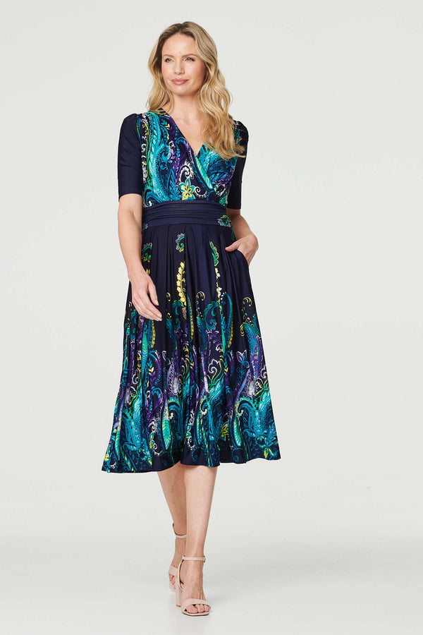 Teal | Printed Ruched Waist Midi Dress
