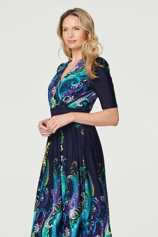 Teal | Printed Ruched Waist Midi Dress
