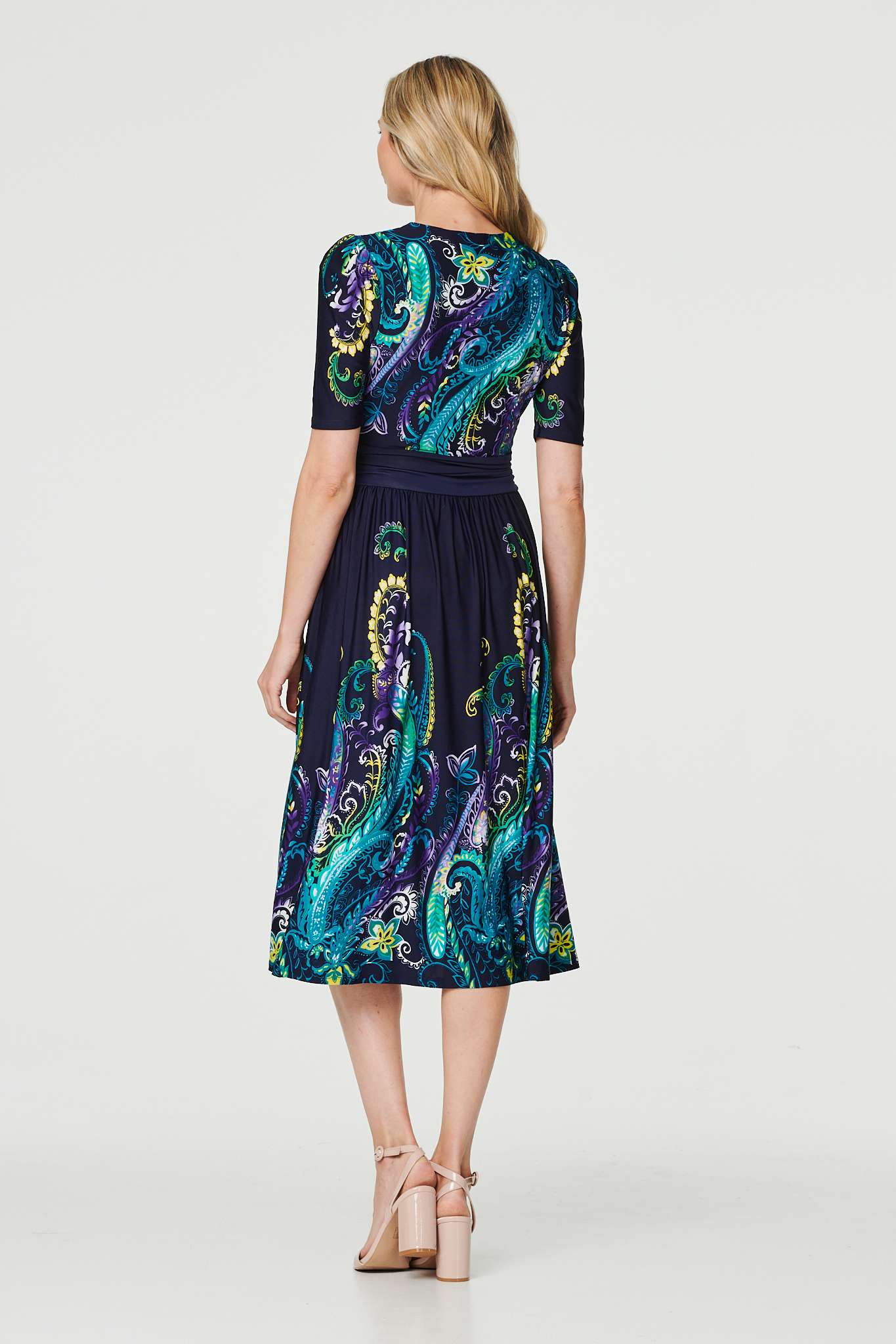 Teal | Printed Ruched Waist Midi Dress