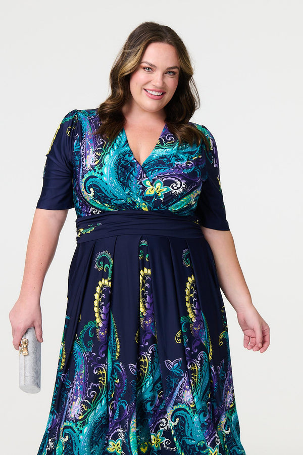 Teal | Printed Ruched Waist Midi Dress