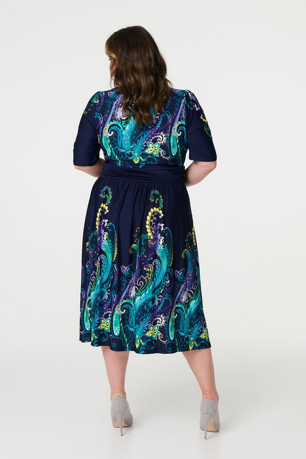 Teal | Printed Ruched Waist Midi Dress