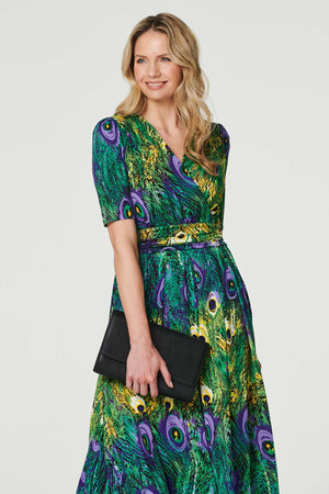 Green | Peacock Print Ruched Waist Dress