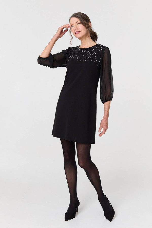 Black | Sparkly Mesh Knit 3/4 Sleeve Short Dress
