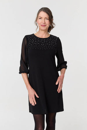 Black | Sparkly Mesh Knit 3/4 Sleeve Short Dress : Model is 5'8