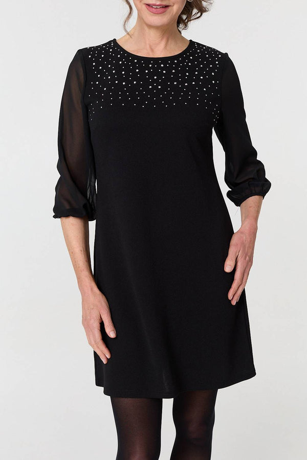 Black | Sparkly Mesh Knit 3/4 Sleeve Short Dress

