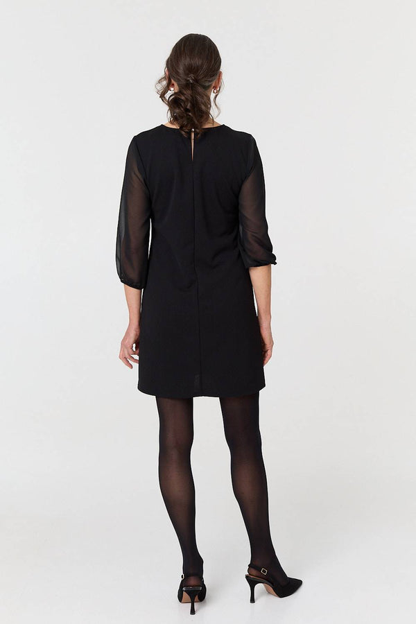 Black | Sparkly Mesh Knit 3/4 Sleeve Short Dress
