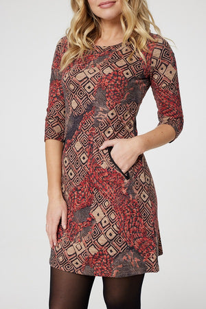 Red | Printed Button Neck Tunic Dress