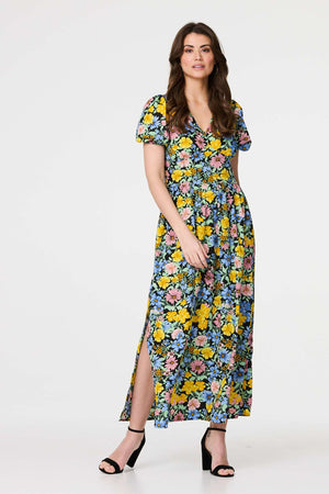 Yellow | Floral Puff Sleeve Cut Out Maxi Dress