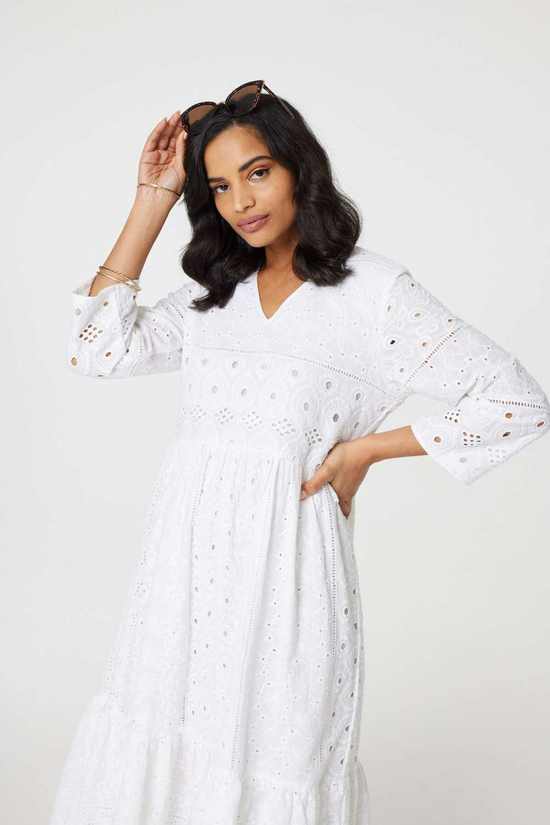 Broderie Anglaise 3/4 Sleeve Midi Dress | Izabel London Broderie Anglaise 3/4 Sleeve Midi Dress | Izabel London