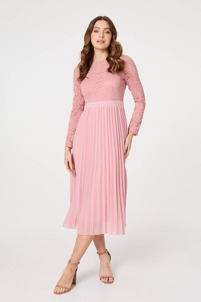 Lace Trim Pleated Long Sleeve Midi Dress Izabel London