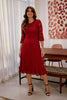 Red | Lace Semi Sheer 3/4 Flute Sleeve Midi Dress : Model is 5'9