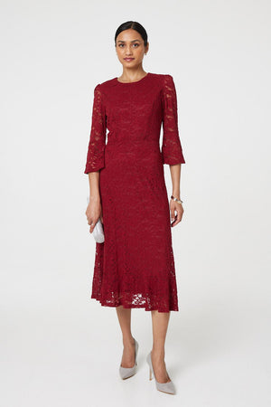 Red | Lace Semi Sheer 3/4 Flute Sleeve Midi Dress : Model is 5'8