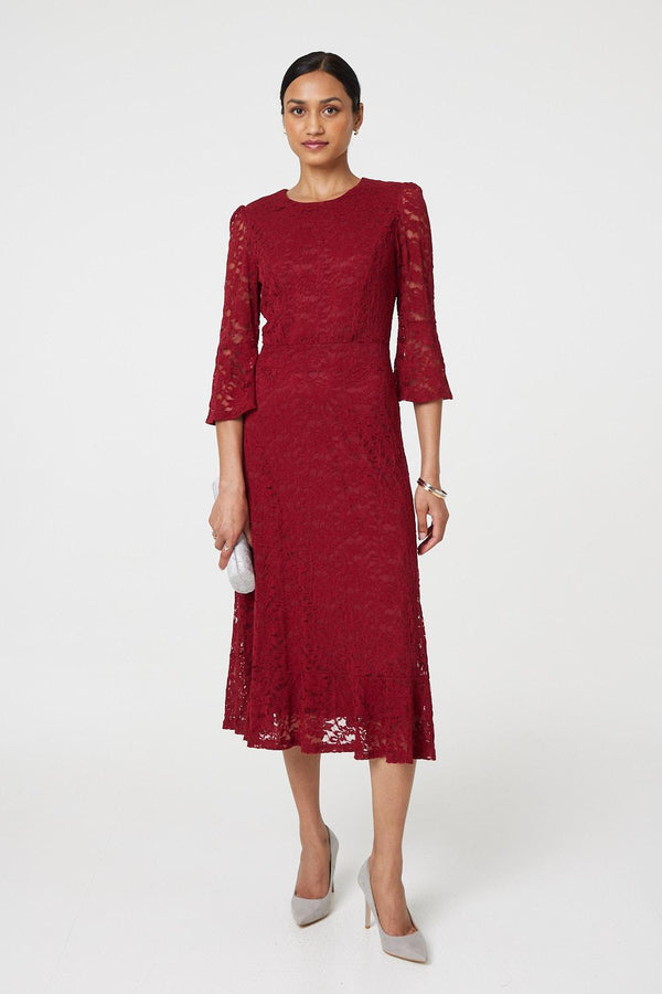 Red | Lace Semi Sheer 3/4 Flute Sleeve Midi Dress : Model is 5'8"/172 cm and wears UK8/EU36/US4/AUS8
