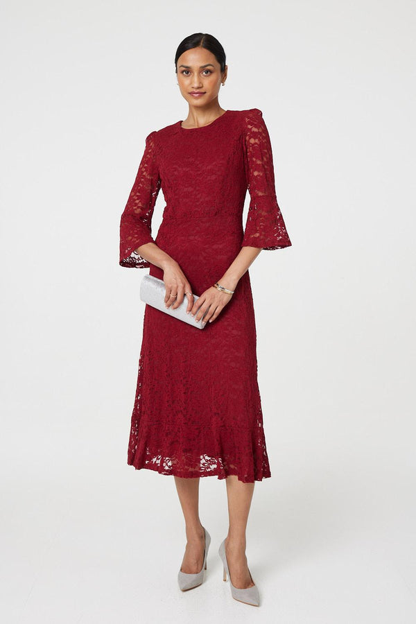 Red | Lace Semi Sheer 3/4 Flute Sleeve Midi Dress
