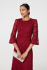 Red | Lace Semi Sheer 3/4 Flute Sleeve Midi Dress
