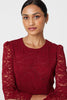Red | Lace Semi Sheer 3/4 Flute Sleeve Midi Dress
