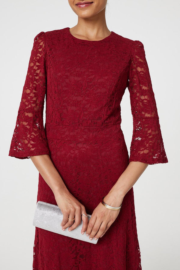 Red | Lace Semi Sheer 3/4 Flute Sleeve Midi Dress
