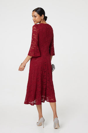 Red | Lace Semi Sheer 3/4 Flute Sleeve Midi Dress
