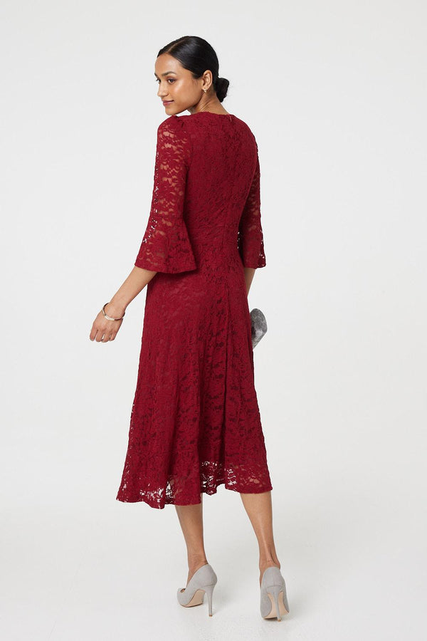 Red | Lace Semi Sheer 3/4 Flute Sleeve Midi Dress
