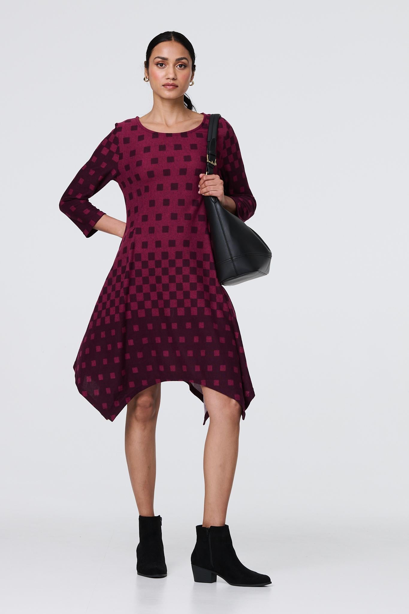 Geo Print Hanky Hem 3 4 Sleeve Tunic Dress