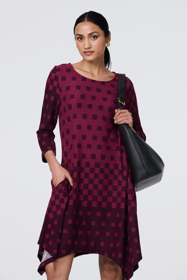 Purple | Geo Print Hanky Hem 3/4 Sleeve Tunic Dress