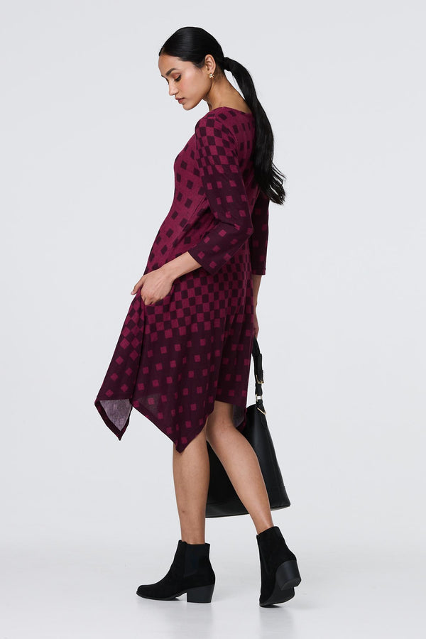 Purple | Geo Print Hanky Hem 3/4 Sleeve Tunic Dress