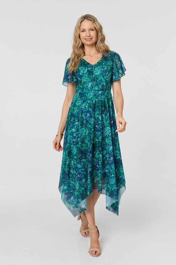 Green | Printed Semi Sheer Hanky Hem Midi Dress