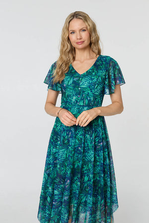 Green | Printed Semi Sheer Hanky Hem Midi Dress