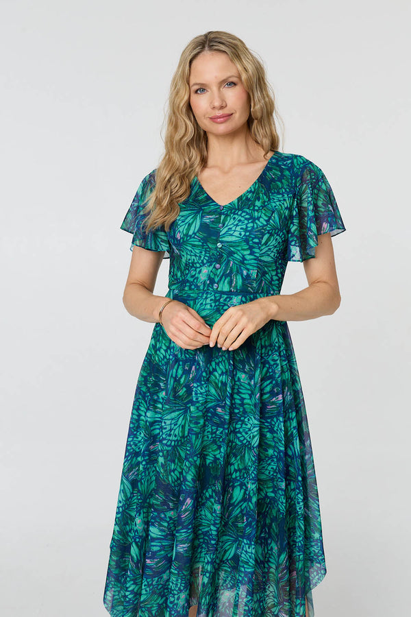 Green | Printed Semi Sheer Hanky Hem Midi Dress