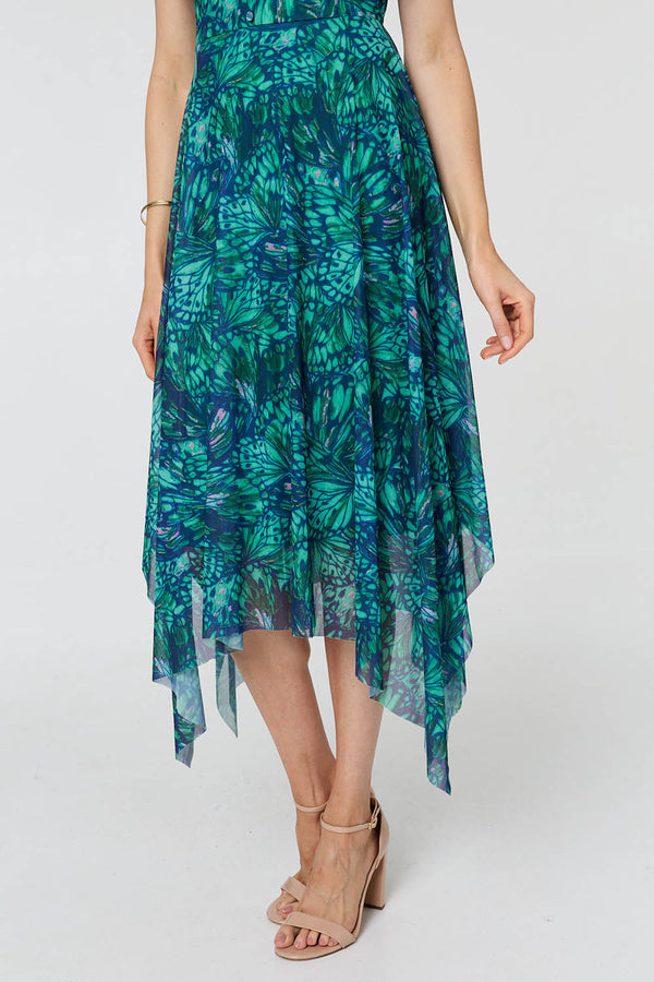 Green | Printed Semi Sheer Hanky Hem Midi Dress