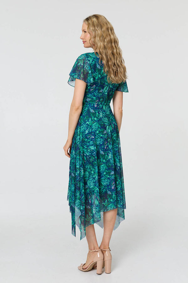 Green | Printed Semi Sheer Hanky Hem Midi Dress